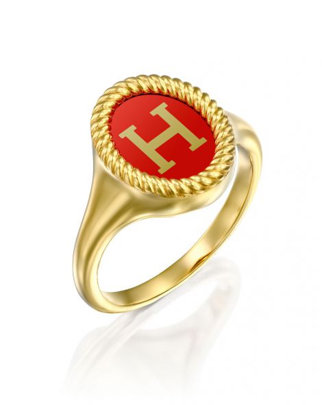Red Enamel Letter Signet Ring