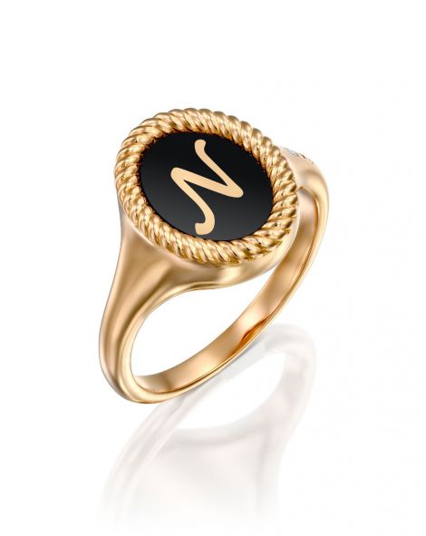 Black Enamel Letter Signet Ring