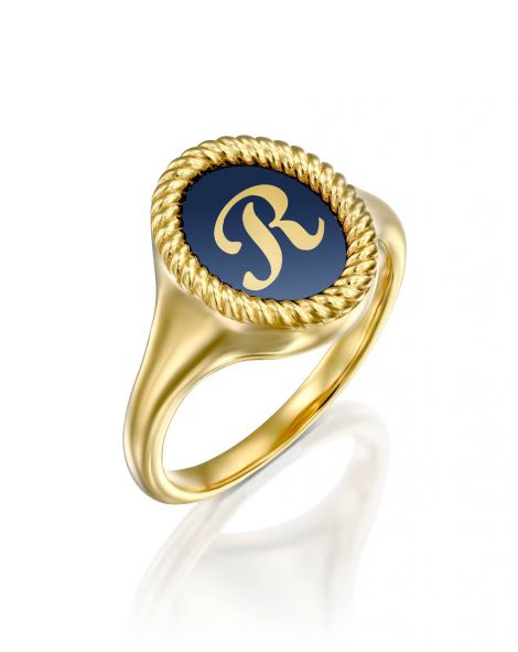 Blue Enamel Letter Signet Ring