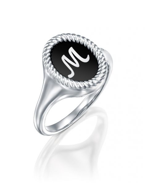 Black Enamel Letter Signet Ring
