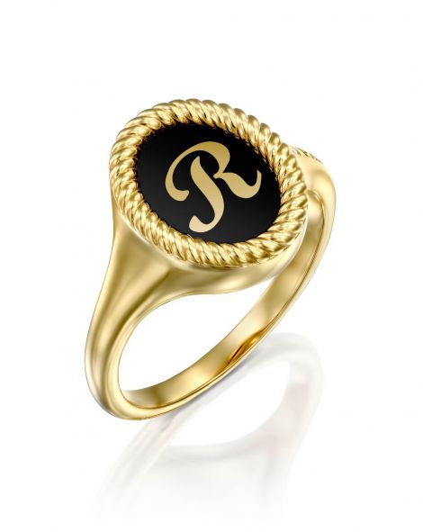 Black Enamel Letter Signet Ring
